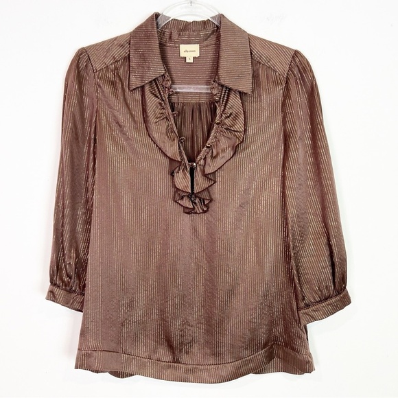 ELLA MOSS SILK BROWN METALLIC STRIPE 3/4 SLEEVE RUFFLE TRIM BLOUSE WOMENS SMALL - Picture 1 of 4